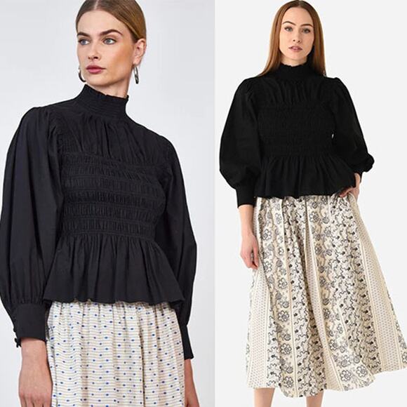 NWT Hunter Bell Loren Long Sleeves Smocked Black Mock Neck Blouse